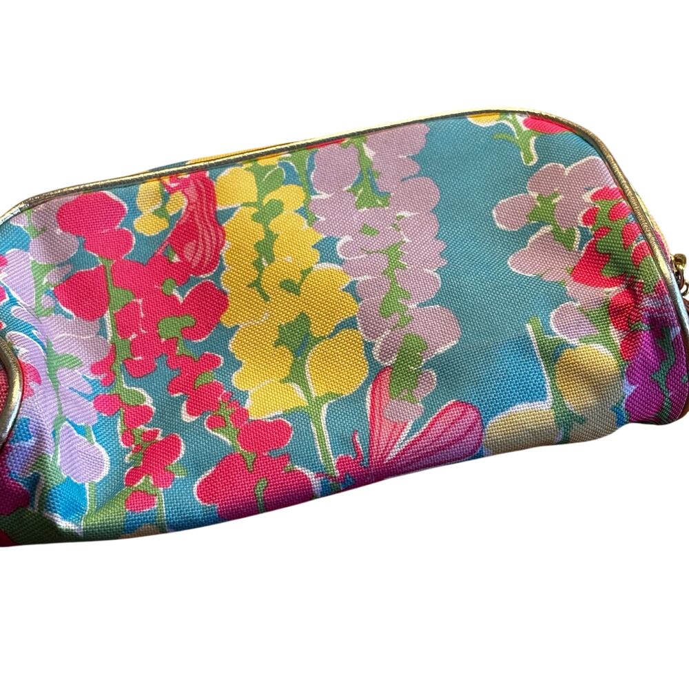 Lilly Pulitzer for Estee Lauder canvas makeup pouch gold trim pink yellow aqua - Picture 5 of 7